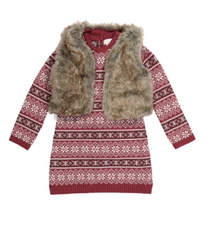 Toddler Girls Fairisle Sweater Dress With Faux Fur Vest & Tights