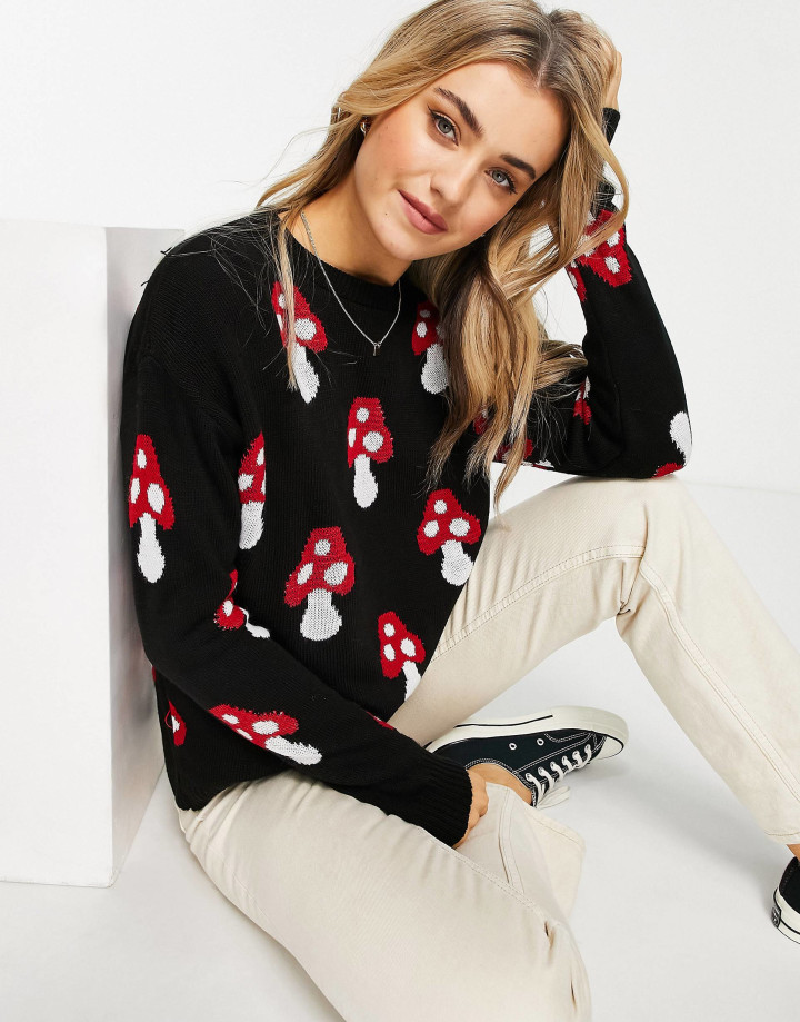 Daisy Street relaxed knitted sweater in mushroom print