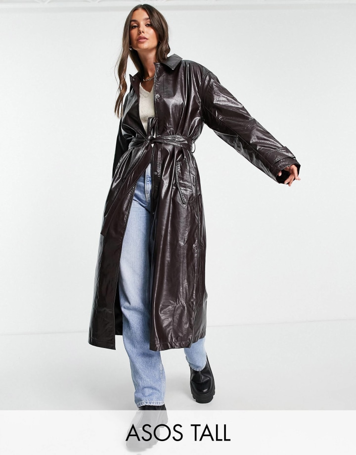 Asos Design Tall Crinkle Faux Leather Trench Coat