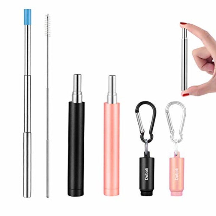 2 Pack Reusable Metal Straws Collapsible Stainless Steel Drinking Straw Portable Telescopic Straw with Case Black/Rose Gold