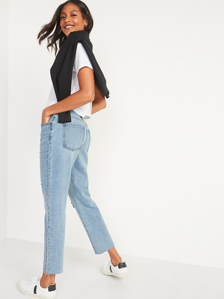 Old Navy High-Waisted Button-Fly Slouchy Straight Distressed Cropped Jeans