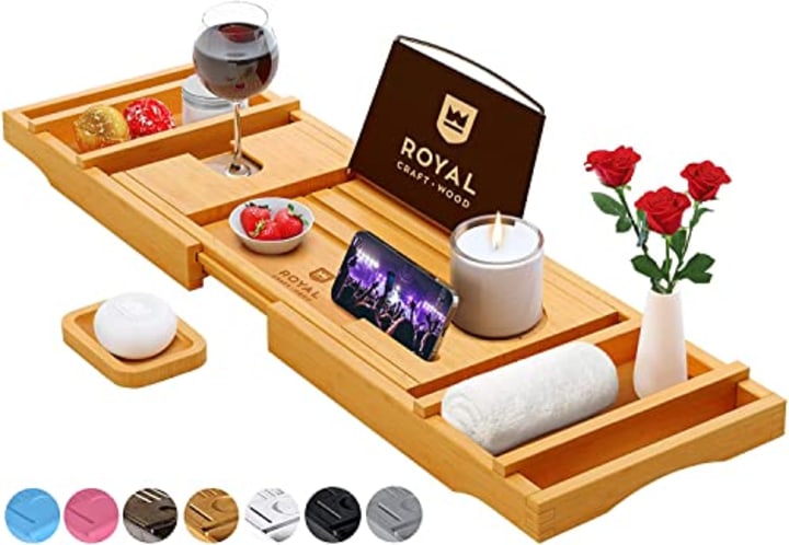 ROYAL CRAFT WOOD Luxury Bathtub Caddy Tray, 1 or 2 Person Bath and Bed Tray, Bath Tub Table Caddy with Extending Sides - Free Soap Dish (Natural)