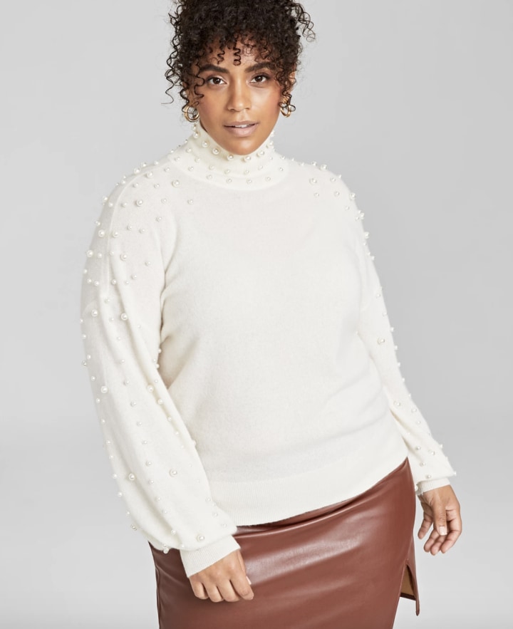 Charter Club Plus Size Imitation Pearl-Detail Cashmere Sweater