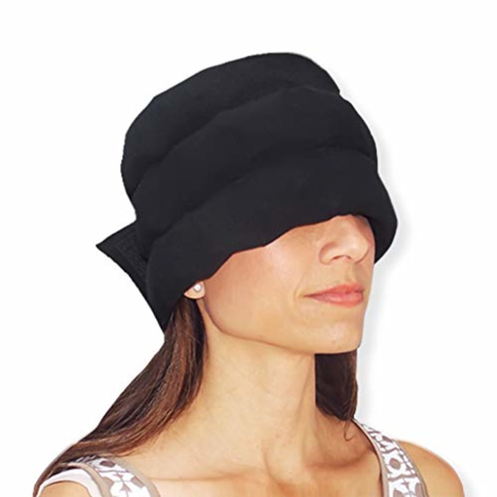 HEADACHE HAT The Original - Wearable Flexible Three Row Ice Pack for Migraines &amp; Tension Headaches Eye Mask Long Lasting Cooling No Mess Ice Therapy Stress Relief Tension Relief Standard Size (Black)