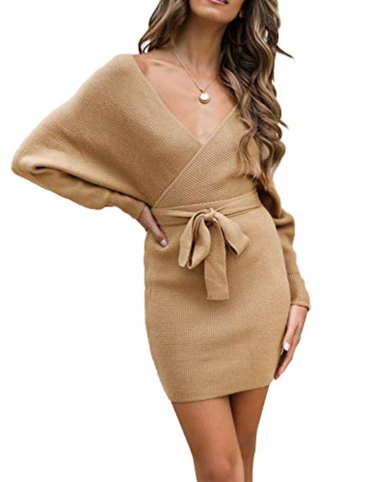 Batwing Sleeve Knitted Backless Bodycon Sweater Dress