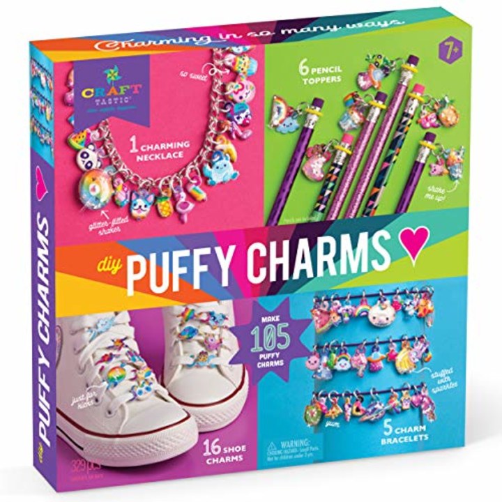 Craft-tastic - DIY Puffy Charms Craft Kit - Design a Necklace, 5 Charm Bracelets, 6 Pencil Toppers &amp; 16 Shoelace Charms with 210 Puffy Stickers - Fun Activity for Kids - Creative Arts &amp; Crafts Gift