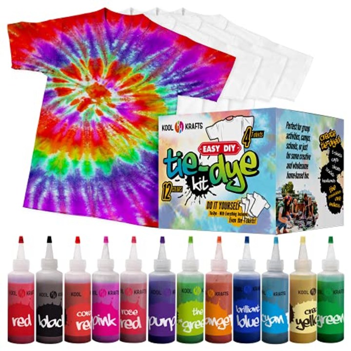 Tie Dye Kit - Tie Dye Kits for Kids - Includes 4 White T-Shirt - 12 Large Colors Tie Dye - Tie Dye Kits for Adults - Tie Dye Party Supplies - tie dye kit for large groups - tye dye kit - Tyedyedye Kit