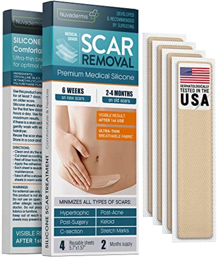 Silicone Scar Sheets, Strips, Tape - Keloid, C-Section, Surgical - Scars Removal Treatment - Silicon Gel Cream Patch Bandage - Tummy Tuck Surgery - 4 Pack 5.7&quot; x 1.57&quot; - 2 Month Supply by Nuvadermis