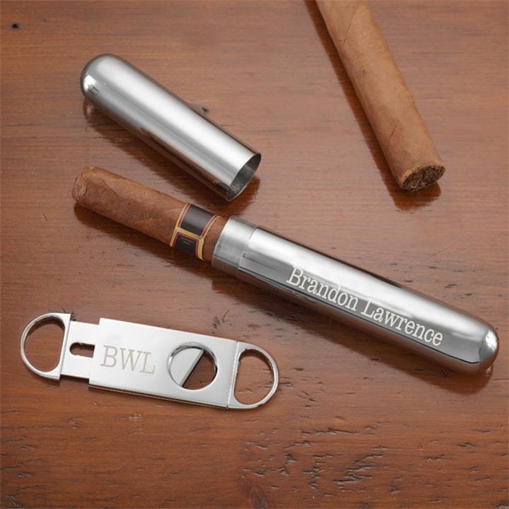 Engraved Silver Cigar Case and Cutter Set