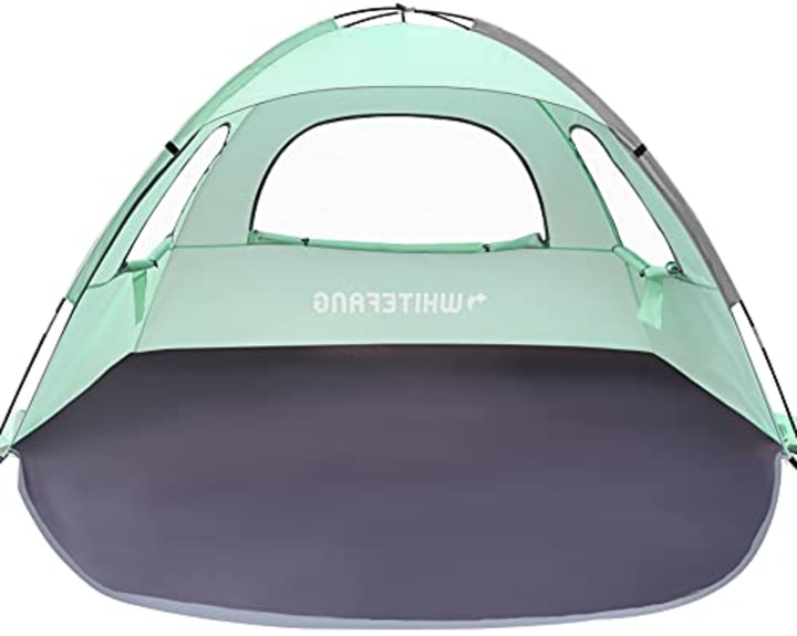 WhiteFang Beach Tent Anti-UV Portable Sun Shade Shelter for 3 Person, Extendable Floor with 3 Ventilating Mesh Windows Plus Carrying Bag, Stakes and Guy Lines (Mint Green)