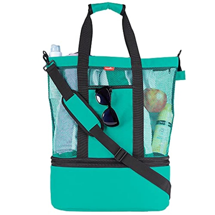 Mesh Beach Bag Tote with Insulated Cooler by OdyseaCo - Large Zippered High Capacity (Turquoise)