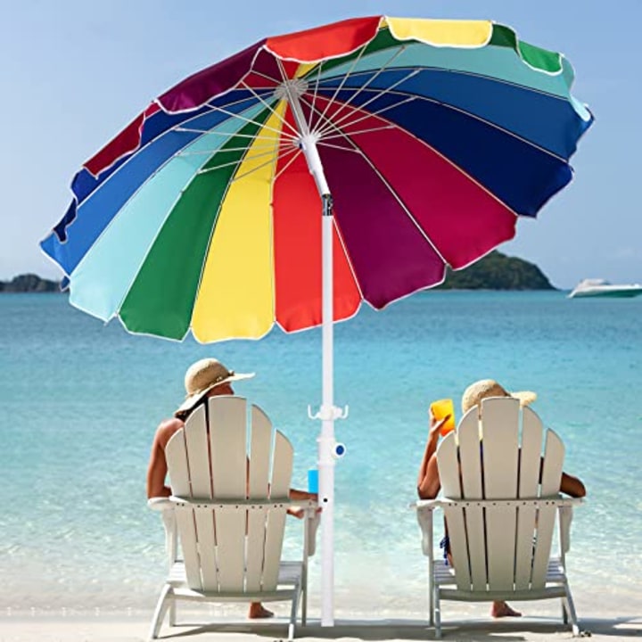 MEWAY 6.5ft Beach Umbrella with Sand Anchor &amp; Tilt Mechanism, Portable UV 50+ Protection,Outdoor Sunshade Umbrella with Carry Bag,for Garden Beach Outdoor (Rainbow)