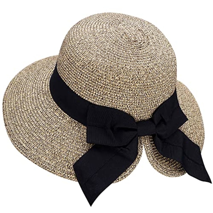 Verabella Sun Hat Womens Wide Brimed Floppy Hat Women&#039;s Hats UPF 50+ Packable Straw Sun Hats for Women Beach Hat Pool Hat Straw Hat for Vacation, Beige/Coffee
