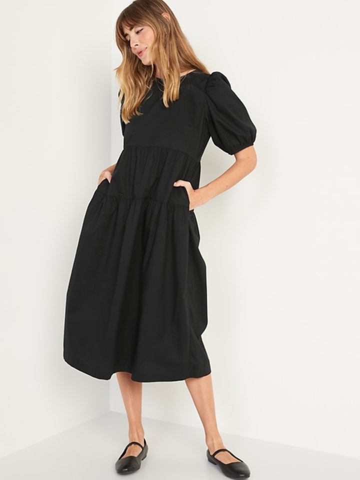 Puff-Sleeve All-Day Midi Swing Dress for Women