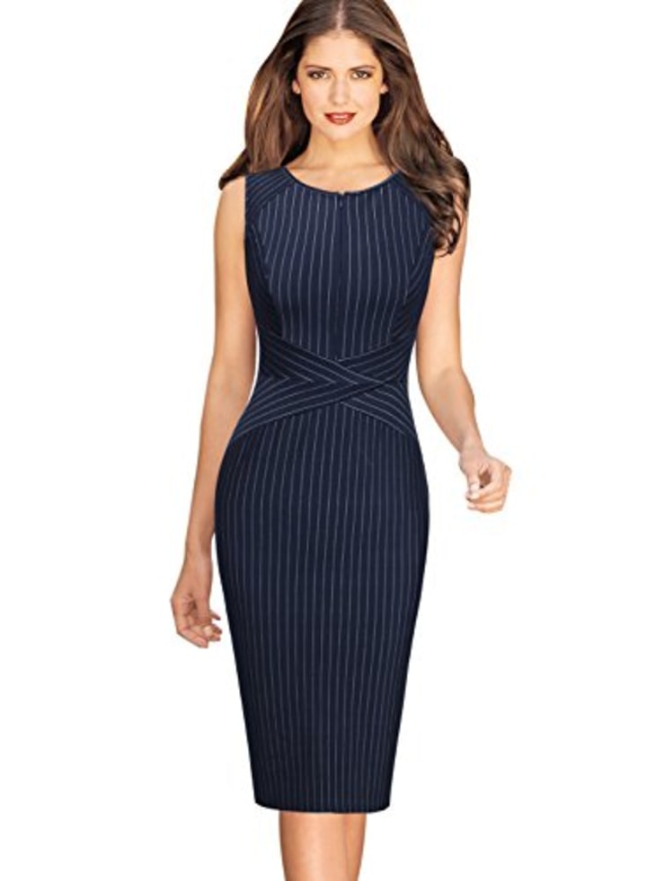Vfshow Womens Elegant Navy Blue and White Striped Cocktail Party Slim Zipper up Work Business Office Sheath Dress 2619 BLU M