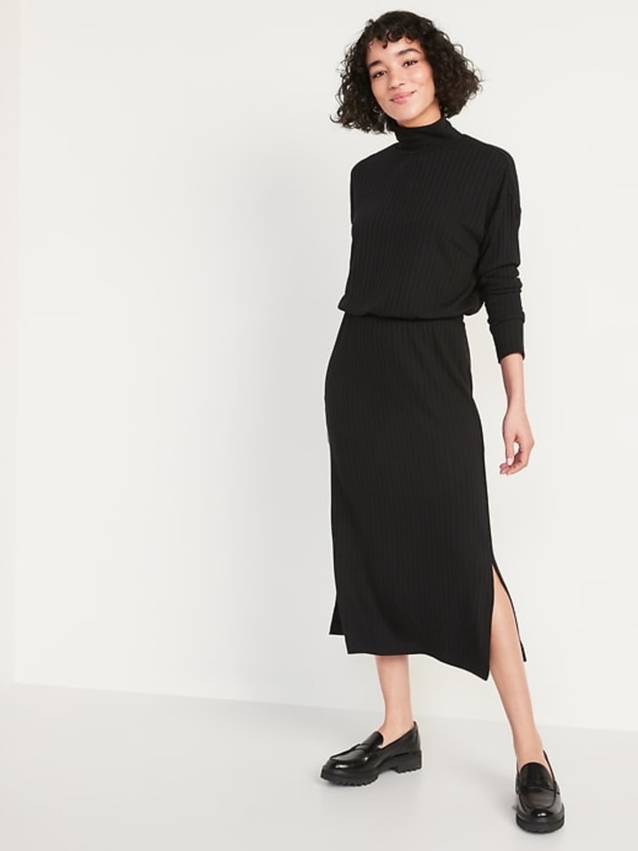 Waist-Defined Rib-Knit Turtleneck Long-Sleeve Dress for Women