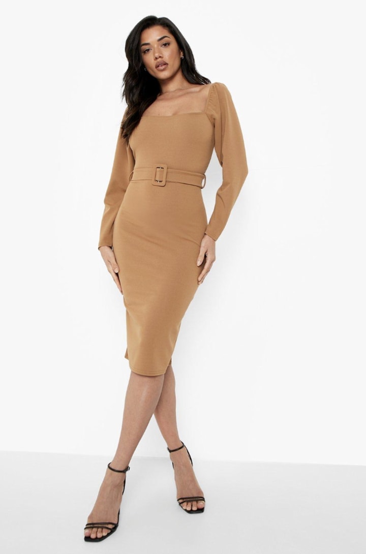 Square Neck Puff Sleeve Belted Midi Dress