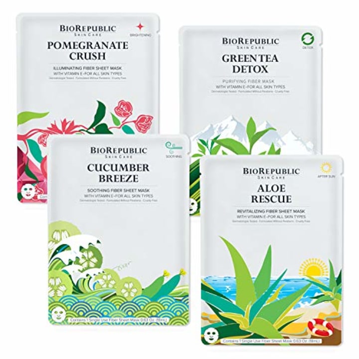 BioRepublic Skincare Hydrating Sheet Masks Mini Glow Kit 4 Pk | Aloe, Green Tea, Pomegranate, &amp; Cucumber | Biodegradable &amp; Cruelty Free Facial Mask Variety Pack
