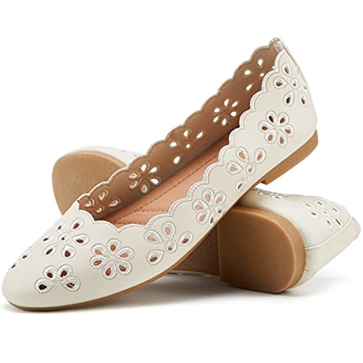 Women&#039;s Ballet Flats Black PU Leather Dress Shoes Comfortable Round Toe Slip on Flats with Floral Eyelets(Beige.US8)