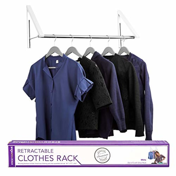 Stock Your Home Retractable Clothes Rack - Wall Mounted Folding Clothes Hanger Drying Rack for Laundry Room Closet Storage Organization, Aluminum, Easy Installation, 2 Racks with Rod (White)