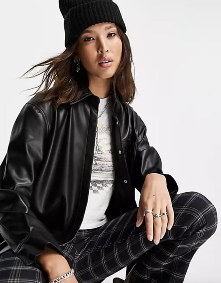 Topshop faux leather oversized shirt jacket in black