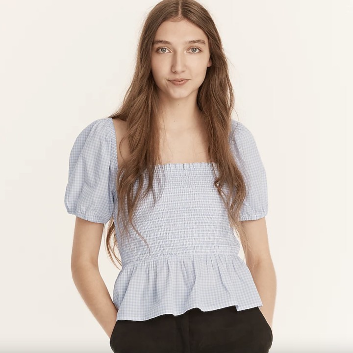 Squareneck smocked cotton voile top in gingham