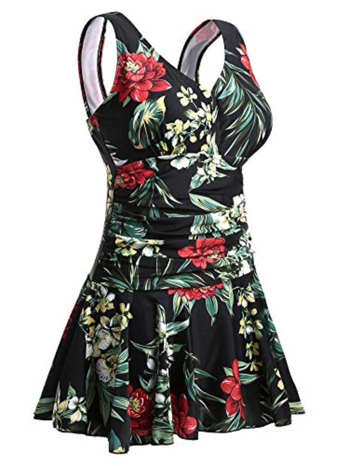 MiYang Women&#039;s Plus-Size Flower Printing Shaping Body One Piece Swim Dresses Swimsuit Black Flower X-Large (US 16-18)