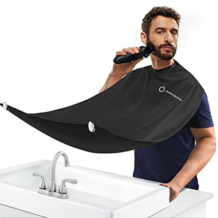 Beard Bib Apron, Beard Hair Clippings Catcher for Shaving and Trimming, Grooming Cape Apron with 4 Suction Cups, Adjustable Neck Straps, Beard Gift for Men - Black