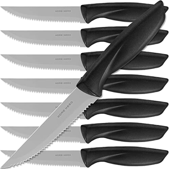 Home Hero 8 pcs Stainless Steel Steak Knife Set - Serrated Steak Knives Set - Dishwasher Safe - (Silver, Stainless Steel)