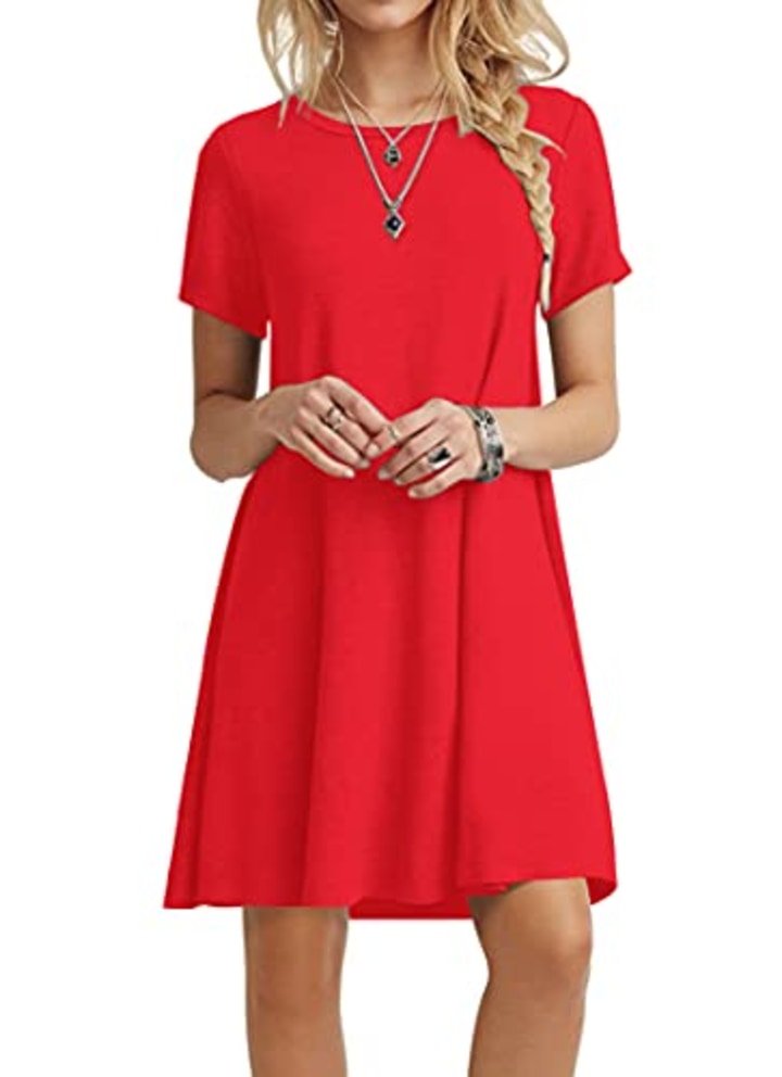 POPYOUNG Women&#039;s 2022 Casual Summer Dresses Tshirt Beach Dress Medium, Red