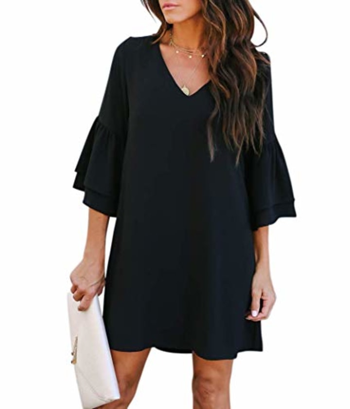 BELONGSCI Women&#039;s Dress Sweet &amp; Cute V-Neck Bell Sleeve Shift Dress Mini Dress Black