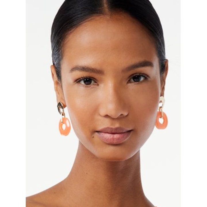 14KT Gold Flash-Plated Orange Resin Double Circle Drop Earrings