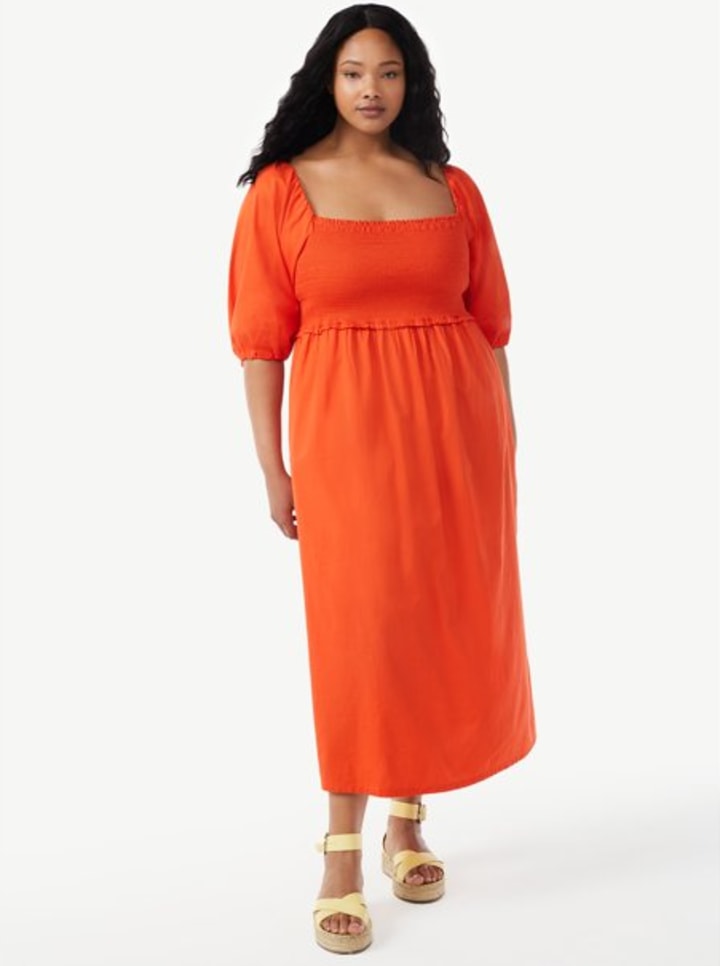 Free Assembly Women's Smocked Midi Dress with Convertible Sleeves