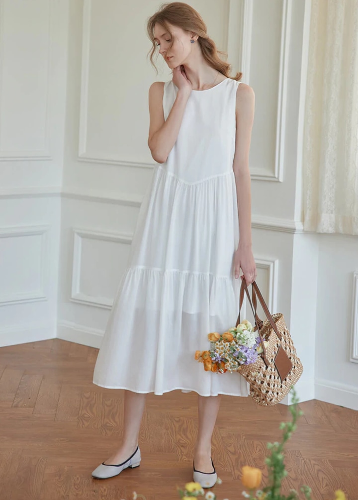 Alaia Sleeveless White Midi Tiered Dress