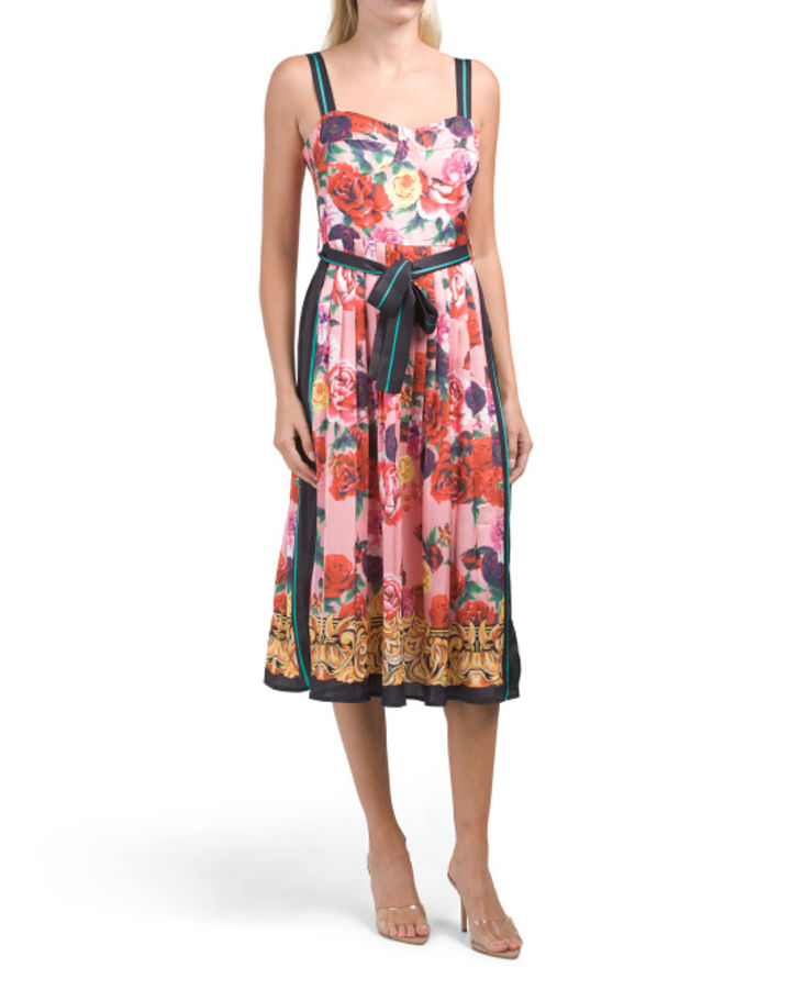Sleeveless Floral Dress With Bustier Top And Pleated Skirt