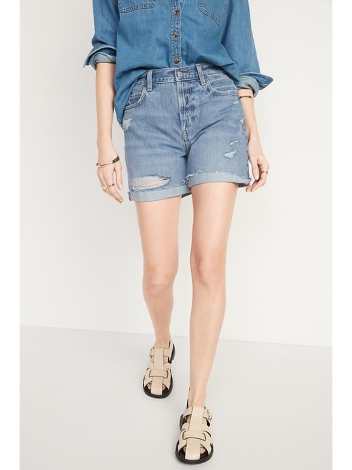 High-Waisted Slouchy Straight Distressed Non-Stretch Jean Shorts