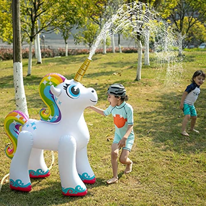 Pink Llama Unicorn Water Sprinkler Toy w/ Spraying Horn Outdoor Kids Games 100"L 