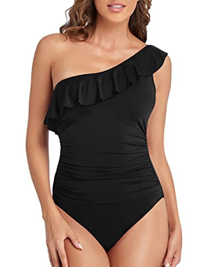 One Shoulder Asymmetric Ruffle Swimsuit