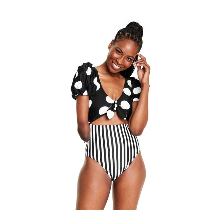 Women&#039;s Striped/Dot Print Puff Sleeve Tie-Front One Piece Swimsuit - Tabitha Brown for Target Black/White