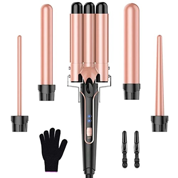 Beach Waver Curling Iron Wand, 5 in 1 Curling Wand Set with 3 Barrel Hair Crimper for Women, Fast Heating Hair Wand in All Hair Type