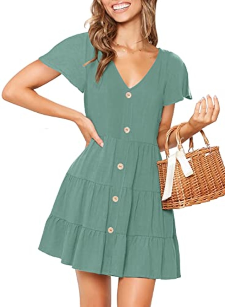 MITILLY Women&#039;s Summer Short Sleeve V Neck Button Down Casual Tunic Dress with Pockets Large Sage