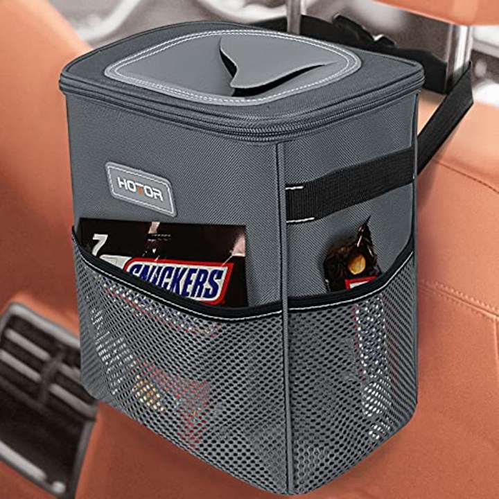 HOTOR Car Trash Can, Multifunctional Car Accessory for Interior Car Stuff Storage with Compact Design, Waterproof Car Organizer and Storage with Adjustable Straps, Magnetic Snaps (Gray)