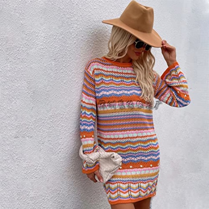 Rainbow Striped Long Sleeve Loose Crochet Striped Hollow Out Mini Casual Sweater Dress Women Sweater Dress (M, Orange)