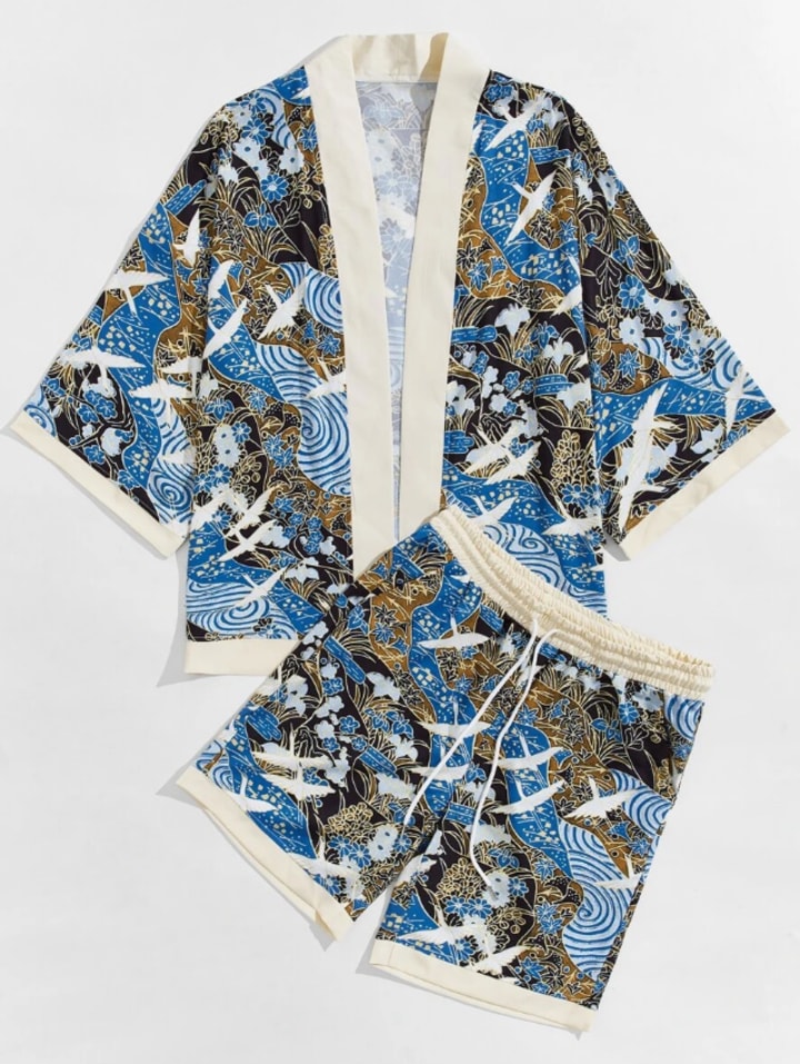 Crane Print Kimono With Shorts