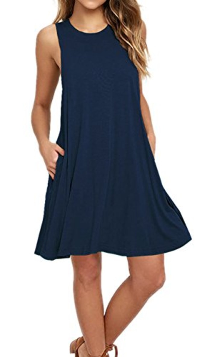 AUSELILY Women&#039;s Solid Plain Sleeveless Pocket Casual Loose T-Shirt Dress Tank Sundress Indigo (XL,Navy Blue)