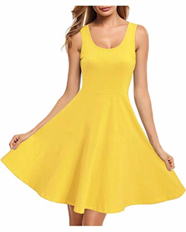 STYLEWORD Women&#039;s Sleeveless Casual Cotton Dresses Summer Fit and Flare Midi Dress(Yellow,M)