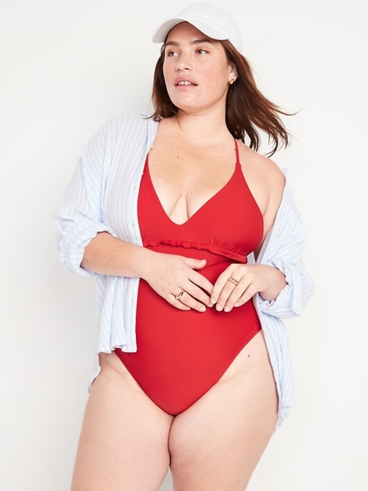 Old Navy V-Neck Ruffle-Trim Cutout One-Piece Swimsuit