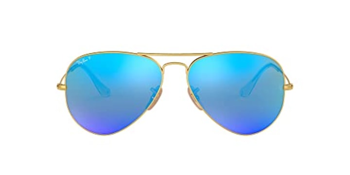 Ray-Ban RB3025 Classic Aviator Sunglasses, Matte Gold/Blue Mirror Polarized, 58 mm