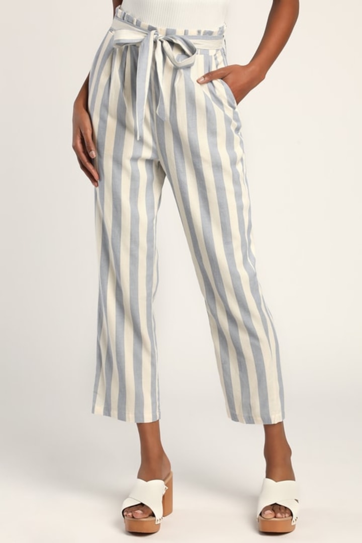 Lulu&#039;s Blue and Ivory Striped Paperbag Waist Pants