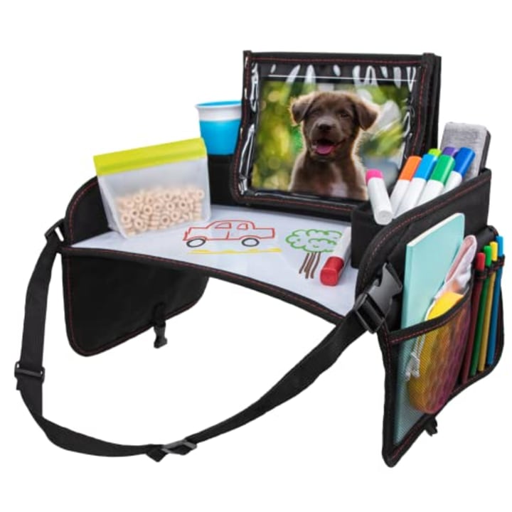Lusso Gear Kids Travel Tray with Dry Erase Board, Road Trip Essentials Kids, No-Drop Tablet Holder, Lap Desk, Cup Holder, Toddler Toy Storage, Fits Airplane and Booster Seat (Black w Red Stitch)